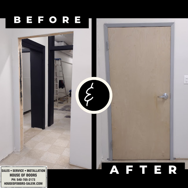 Before and After commercial interior wood door, steel frame and hardware installation by House of Doors