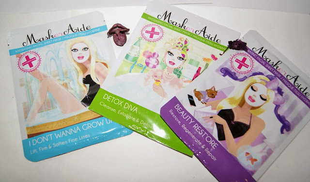 MaskerAide Facial Sheet Masks: IDon't Wanna Grow Up, Detox Diva, Beauty Rest'ore, review, skincare, face, toronto, ontario, canada, the purple scarf, melanieps