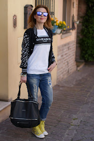 Varsity jacket, Giveashit tee, Givenchy Pandora bag, Fashion and Cookies