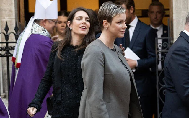 Princess Charlene wore a mixed trapezoid embroidery gown by Akris. Princess Caroline, Princess Stephanie and Charlotte Casiraghi