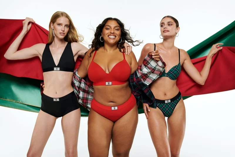 Abby Champion, Paloma Elsesser, and Taylor Hill get festive in wireless bra and shine panties for Victoria’s Secret Holiday 2023 campaign