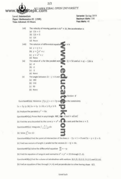 AIOU-FA-Code-1309-Mathematics-III-Past-Papers-pdf
