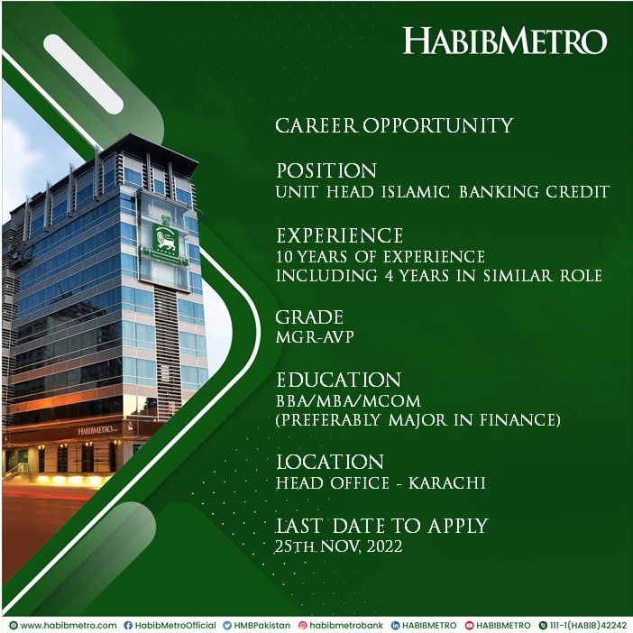 HABIB METRO is inviting applications for "Unit Head Islamic Banking Credit” , "MGR – AVP " for Credit Division.