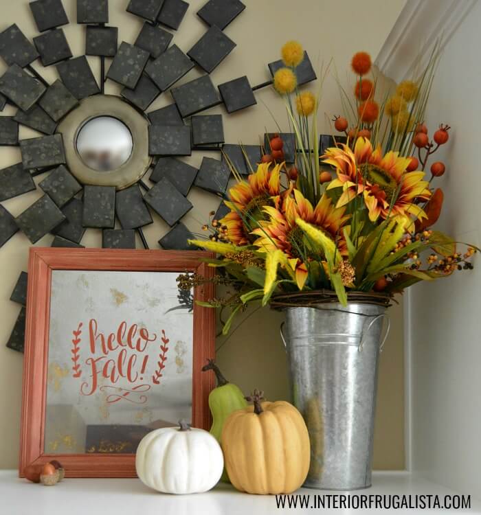 How to turn thrift store picture frame glass into a reflective antiqued mirror plus how to add a Hello Fall stenciled sentiment for budget fall decor.