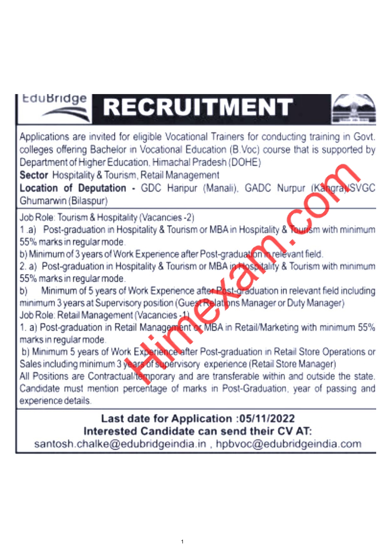 HP Govt Colleges Vocational Trainers Recruitment 2022