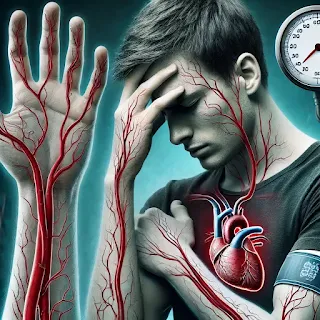 A person experiencing symptoms of nitric oxide deficiency, such as cold hands and high blood pressure, with a visual overlay of narrowed blood vessels indicating poor circulation."