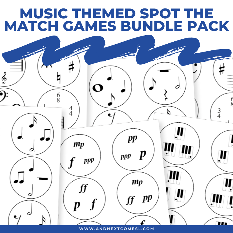 Music themed spot the match games bundle pack for kids