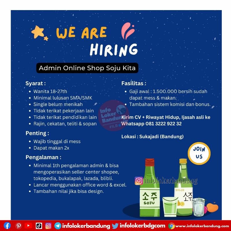 Lowongan Kerja Admin Online Shop Soju Kita Bandung Maret 2023 I Follow IG : @infolokerbandung