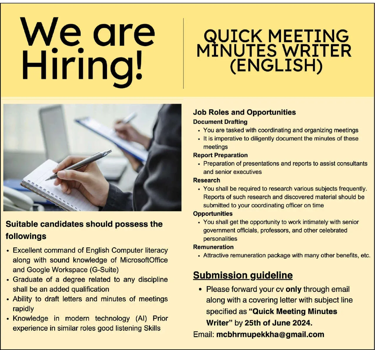 Quick Meeting Minutes Writer (English) Job Vacancies 2024