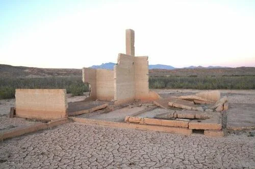 The foundation of the old general store in Old St. Thomas, Nev., on Oct. 13, 2022. Recently, the abandoned ghost town resurfaced at Lake Mead after years of being underwater.