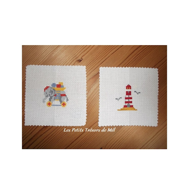 Petites broderies motifs jouet roulant et phare.