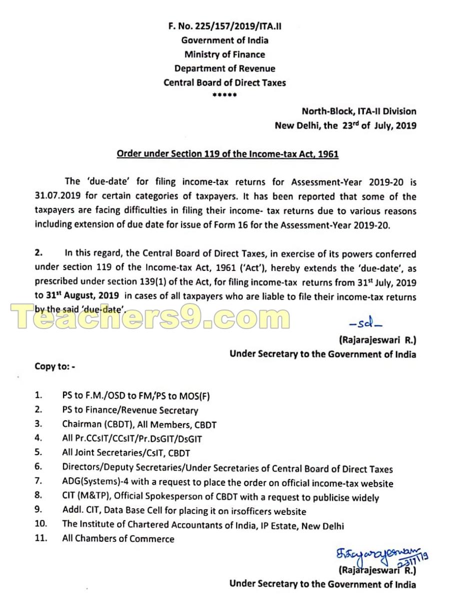 The 'due date' for filing income-tax returns for Assessment-Year 2019-20 extended to 31st August 2019