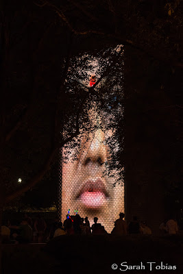 The Giant Faces and Water feature at Millennium Park. Through the trees and the people in silhouette.