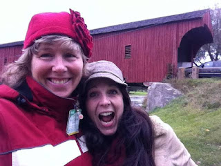 Two pals in front of the West Montrose covered bridge