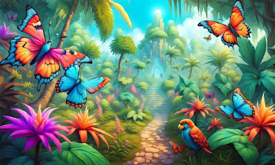 Tropical Fantasy Paradise with flowers, birds, butterflies