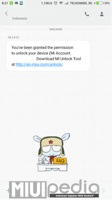 pesan SMS dari XIAOMI, permohonan unlock bootloader disetujui