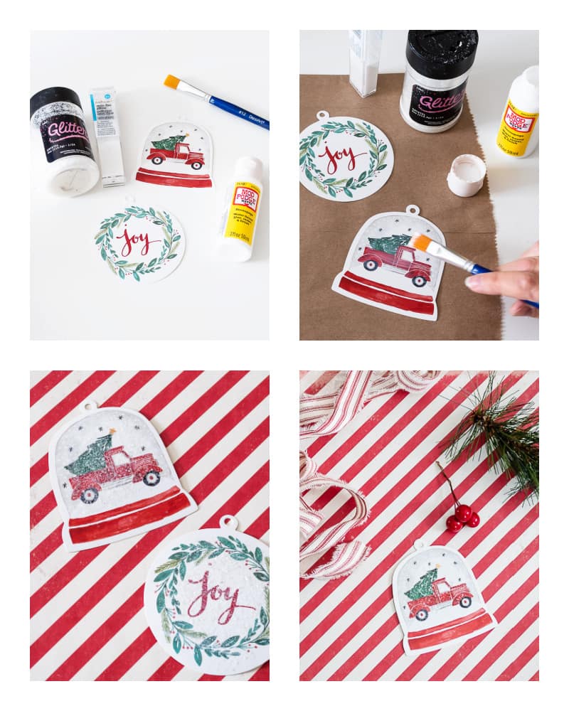 adding glitter to store bought snow globe gift tag