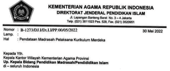 Surat Edaran SE Dirjenpendis Tentang Pendataan Madrasah Pelaksana Kurikulum Merdeka