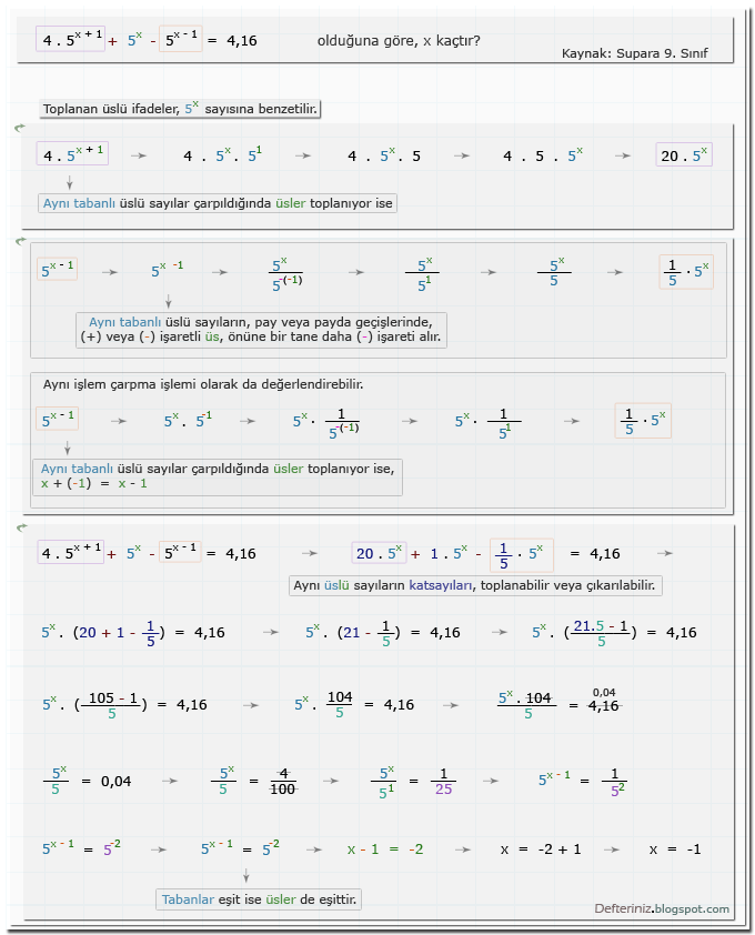 Örnek soru 2 » Üslü denklemler » üslü sayılarda toplama ve çıkarma işlemi (Kaynak: Supara 9. Sınıf).
