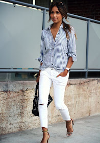 How to wear: White Distressed Jeans and Blue Gingham or Striped Shirt