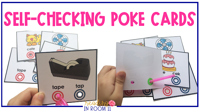 Self-checking poke cards are an absolute game-changer to reinforced a variety of phonics skills.  These motivating and engaging poke-cards are the perfect independent activity for morning work, seat work, centers, partner work, small group warm-up, and more!  Learn how you can them in your classroom and/or reading groups! [includes: ● rhyming ● segmenting words ● syllables ● short vowels ● long vowels ● blends ● digraphs ● bossy r ● diphthongs ● hard/soft g and c]