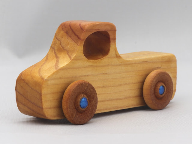 Wood Toy Truck, Handmade Pickup from the Play Pal Series Finished with Amber Shellac and Metallic Blue Acrylic Paint