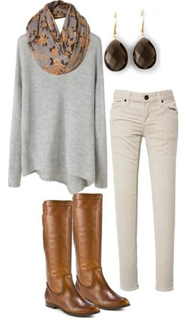 Beige Trousers With Grey Sweater And Leather Boots