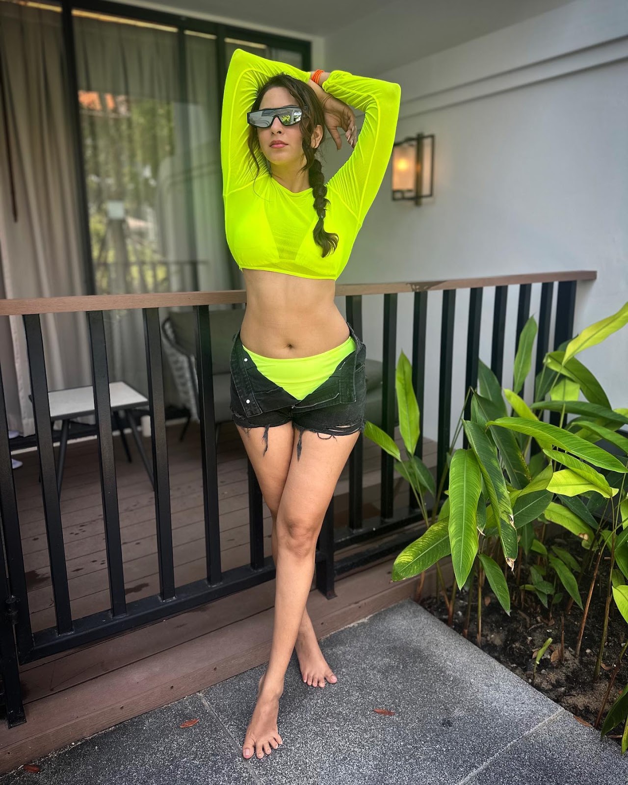 Esshanya Maheshwari navel bikini unbuttoned shorts curvy actress