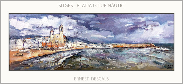 SITGES-PINTURA-PLATJA-CLUB NÀUTIC-ESGLESIA-PINTURES-PAISATGES-CATALUNYA-ARTISTA-PINTOR-ERNEST DESCALS-