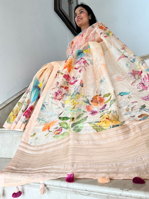 Peach linen floral digital print saree with a tussar pallu
