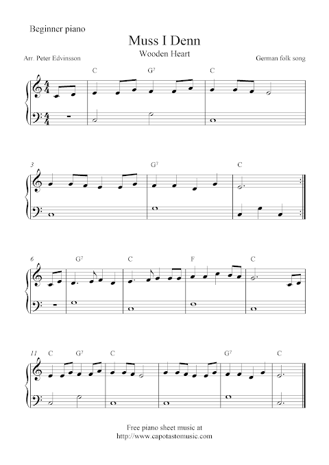 Free easy piano sheet music for beginners, Muss I Denn 