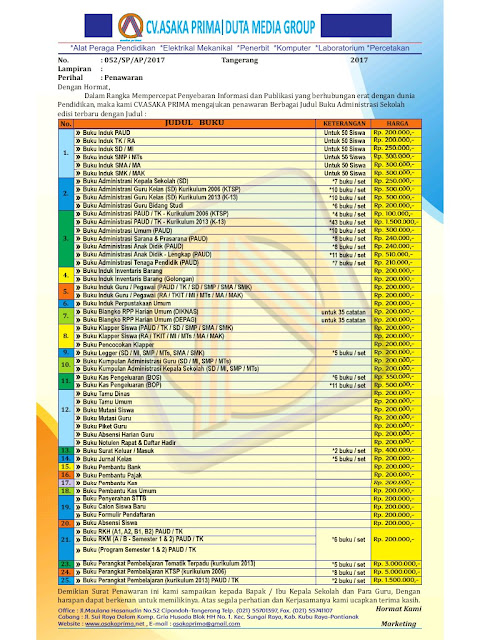 Buku Induk Siswa, Buku Induk Guru Pegawai, Buku Induk Perpustakaan, Buku Induk Inventaris, Buku Klaper Siswa, Buku Administrasi Guru Kelas, Buku Surat Masuk, Buku Surat Keluar, Buku Tamu Umum, Buku Induk Absensi Siswa