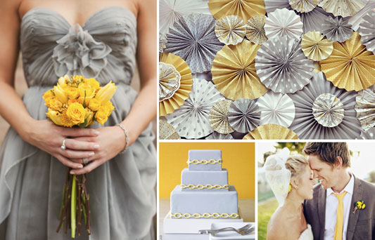 Dessert bar backdrop of yellow and grey paper rosettes via Hostess with the