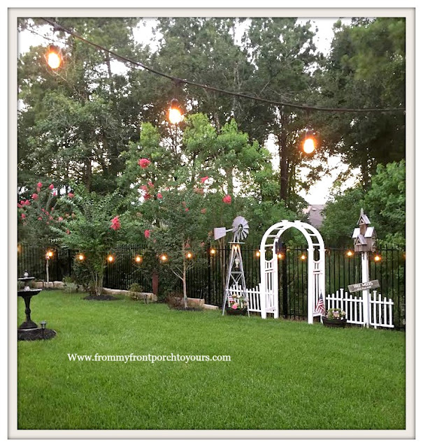 Suburban Farmhouse Backyard- Garden Lights-White Arbor-Crepe Myrtles-From My Front Porch To Yours