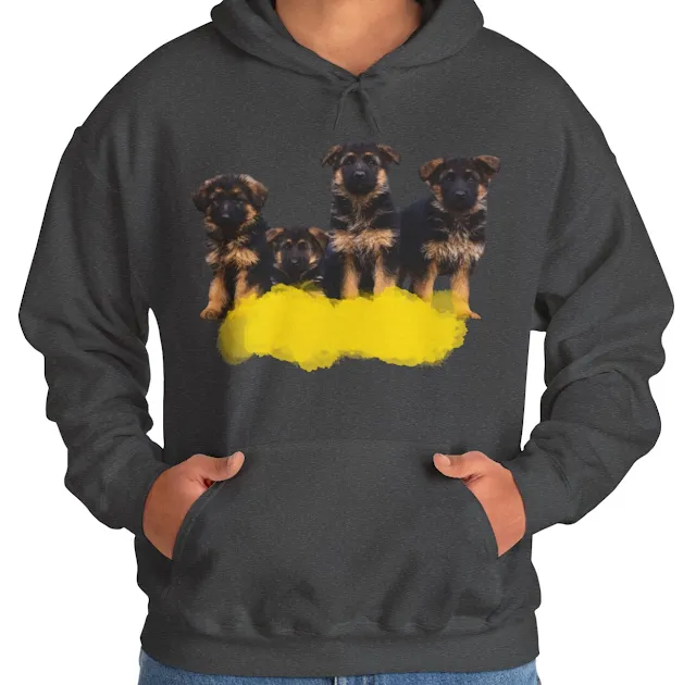 A Hoodie With Four Cute Black and Red German Shepherd Puppies Lying In a Row