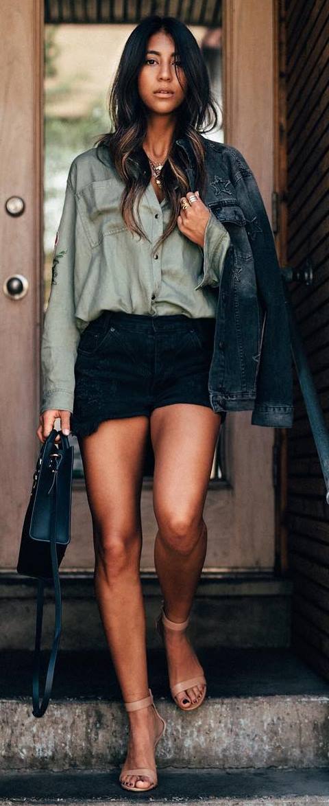 fall casual outfit idea : shirt + denim jacket + skirt + bag + heels