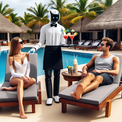 AI robot waiter derving drinks to tourists poolside.