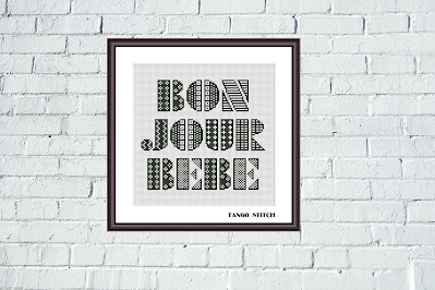 Bonjour Bebe lettering cross stitch pattern, Tango Stitch