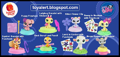 McDonalds Littlest Pet Shop happy meal toys  US release  Set of 8 Figures Puppy Pinwheel, Bunny in Meadow, Kitten Flower Clip, Squirrel Bracelet, Duck Stencil, Lamb in Garden, Mouse Keeper, Ladybug Bracelet