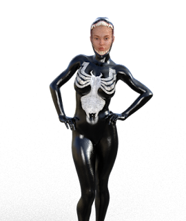 rachel in full symbiote suit standing in hero pose wih hands on her wide hips her nipples and pussy are clearly visible under the symbiote suit