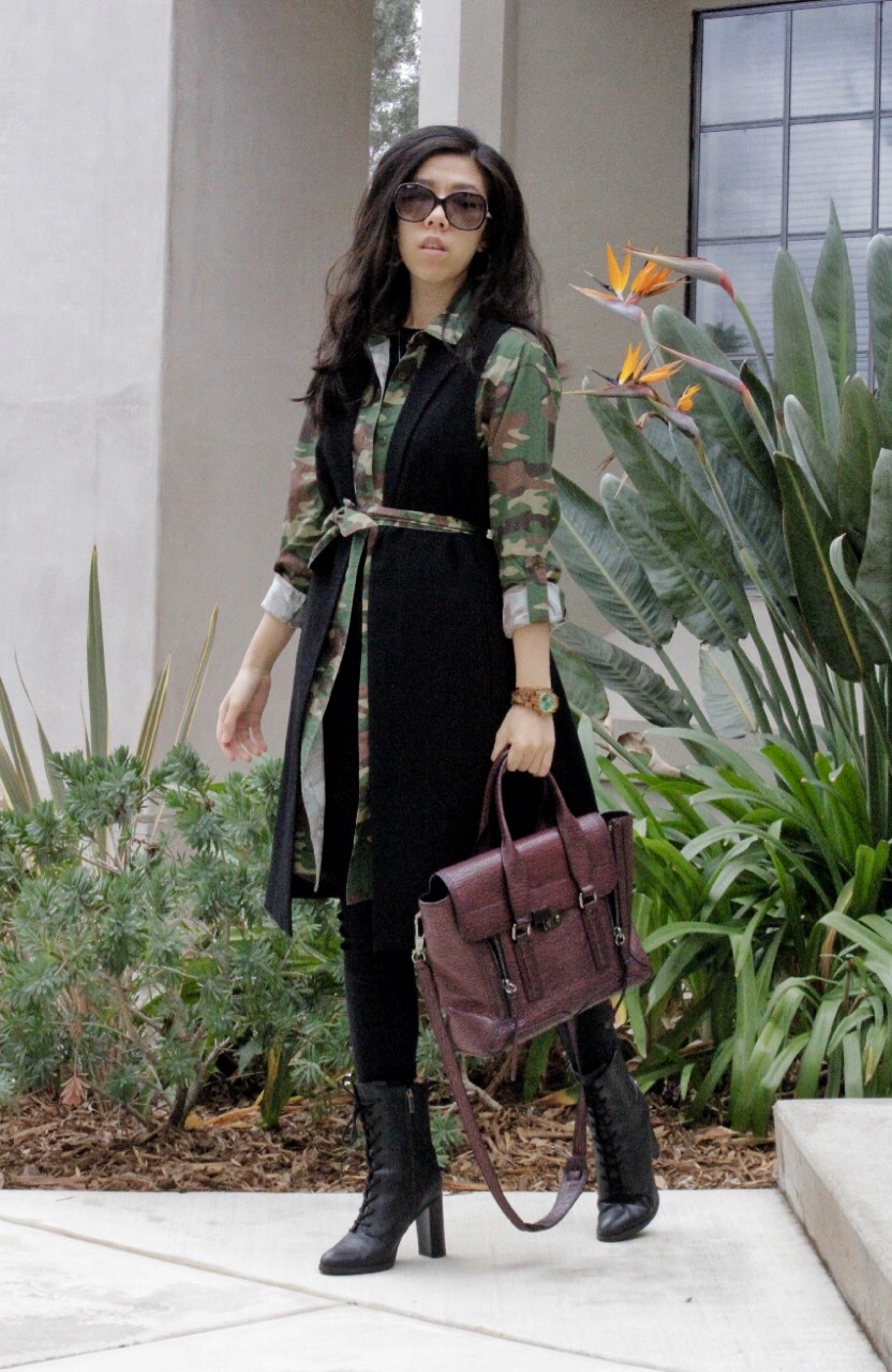 How to Style A Duster Coat with Black Leather Combat Boots and Phillip Lim Pashli - Adrienne Nguyen