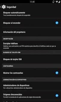 Submenú Seguridad Android