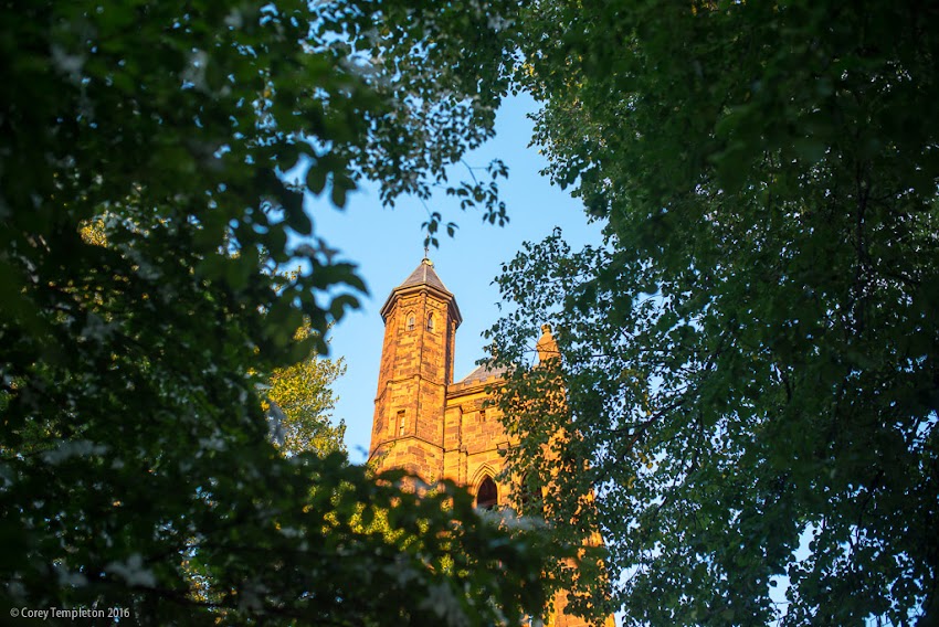 Portland, Maine USA June 2016 photo by Corey Templeton. A part in the trees revealing the spire of the State Street Congregational Church.