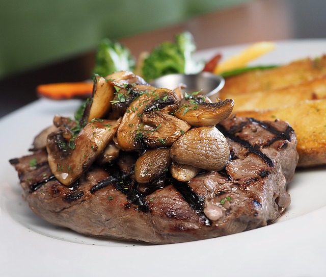Reasonably lean piece of steak topped with sauteed mushrooms