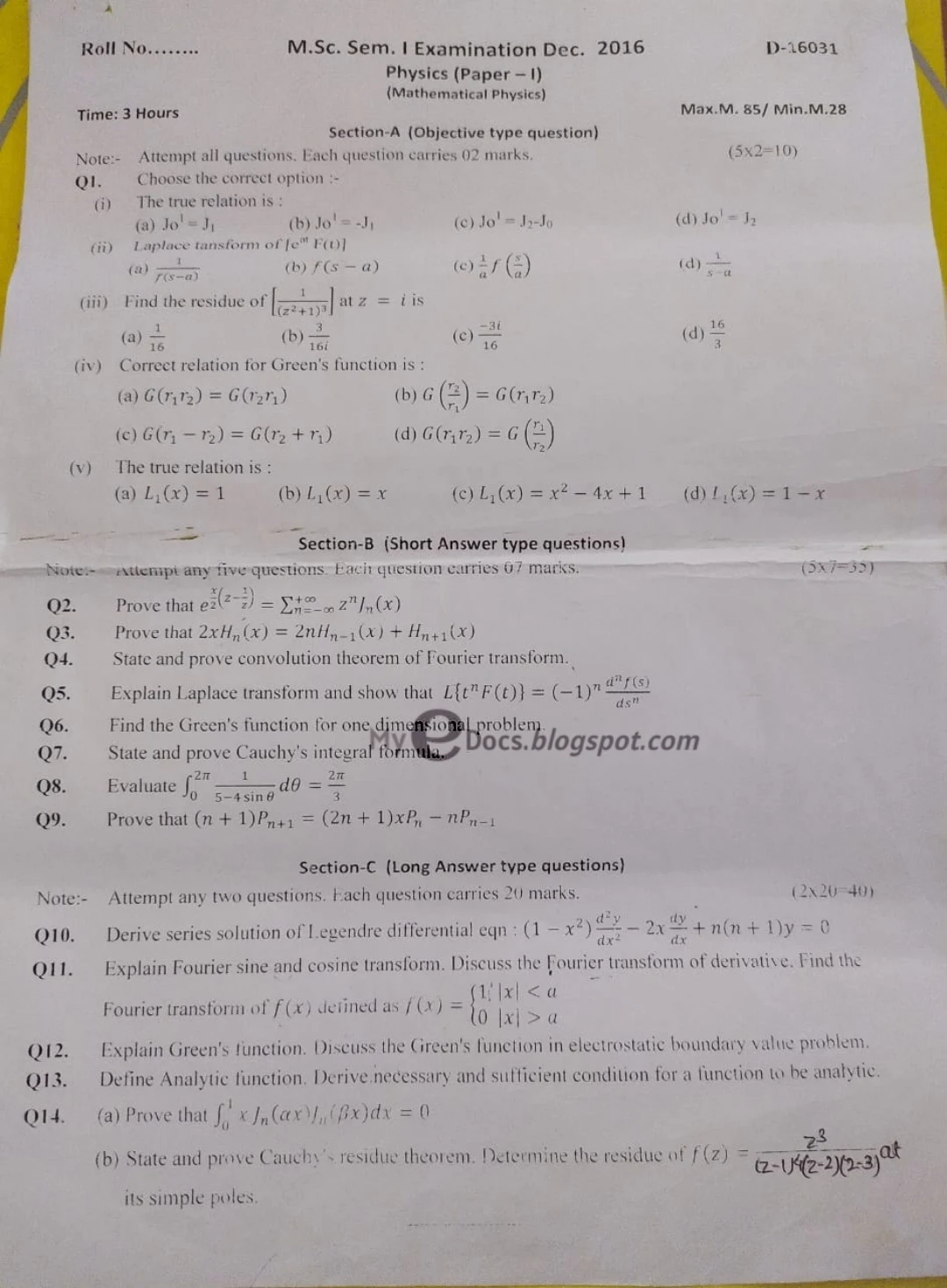 Msc Physics | Mathematical Physics | 1st Sem Pre-Year Q. Papers