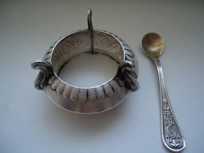 Russian Melhior/Soviet Era Enamel & Silver Alloy Salt marked  5UMMET, Spoon marked 2UMMET