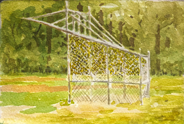Watercolor sketch of athletic backstop, with dark trees in background.