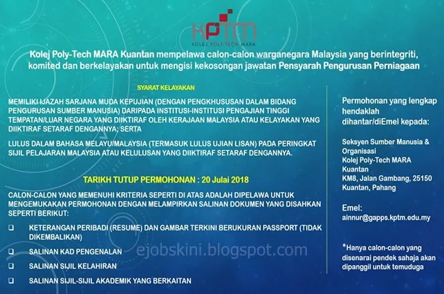 Jawatan Kosong Kolej Poly-Tech MARA (KPTM) Julai 2018