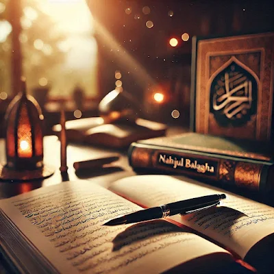 A serene, contemplative image of a pen resting on an open notebook, with soft sunlight streaming through a window. In the background, a bookshelf containing a copy of Nahjul Balagha can be subtly seen. The atmosphere is calm and introspective, symbolizing reflection and the pursuit of knowledge.