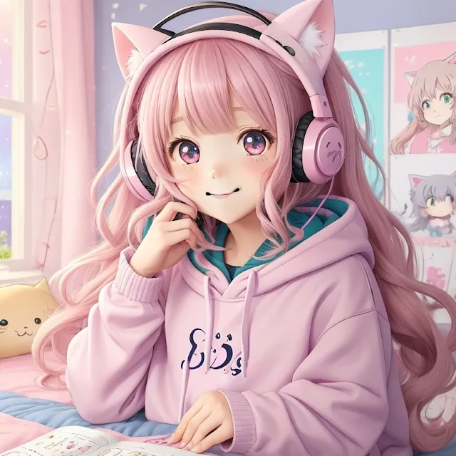 Cute Pink Anime Girl Headphone